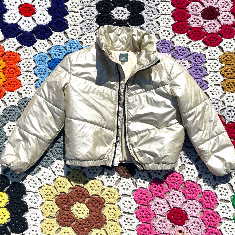 Wild Fable Metallic Silver Gold Metallic Puffer Bomber Jacket